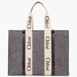 Chloe Large Woody Tote Bag In Grey Felt