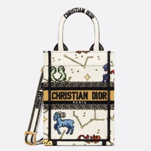 Dior Mini Book Tote Phone Bag In White Pixel Zodiac Embroidery