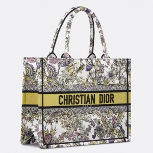 Dior Medium Book Tote Bag in Embroidery with Yellow Dior Chardons Motif