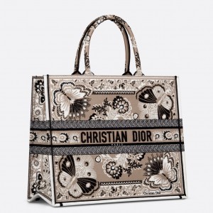 Dior Large Book Tote Bag in Beige Butterfly Bandana Embroidery
