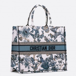 Dior Large Book Tote Bag in White and Blue Toile de Jouy Mexico Embroidery 