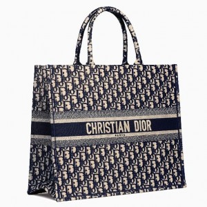 Dior Large Book Tote Bag In Blue Dior Oblique Embroidery