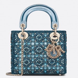 Dior Lady Dior Mini Chain Bag in Satin with Blue Bead Embroidery
