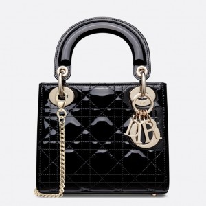 Dior Lady Dior Mini Chain Bag with Chain in Black Patent Calfskin