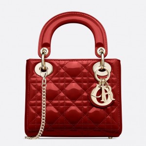 Dior Lady Dior Mini Chain Bag with Chain in Red Patent Calfskin