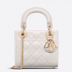 Dior Lady Dior Mini Chain Bag with Chain in White Patent Calfskin