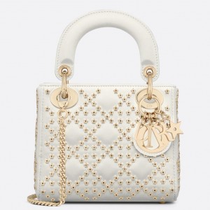 Dior Lady Dior Mini Chain Bag in White Lambskin with Star Embroidery