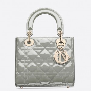 Dior Small Lady Dior Bag In Grey Patent Cannage Calfskin