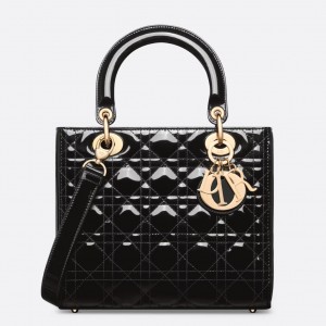 Dior Lady Dior Medium Bag in Black Patent Cannage Calfskin