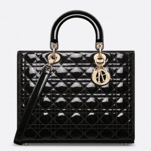 Dior Lady Dior Large Bag in Black Patent Cannage Calfskin