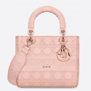 Dior Lady D-Lite Medium Bag In Pink Cannage Embroidered Canvas