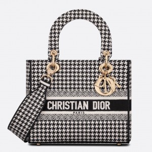 Dior Lady D-Lite Medium Bag In Black & White Houndstooth Embroidery