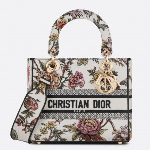 Dior Lady D-Lite Medium Bag In White Jardin Botanique Embroidery
