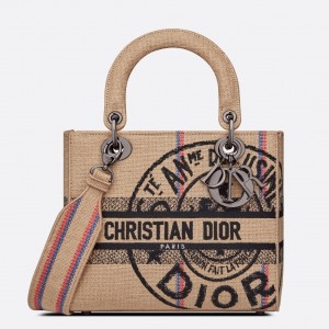 Dior Lady D-Lite Medium Bag In Beige Jute Canvas with Dior Union Motif