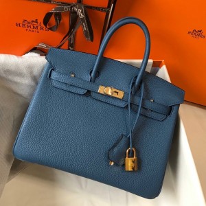 Hermes Birkin 25cm Bag in Blue Agate Clemence Leather with GHW