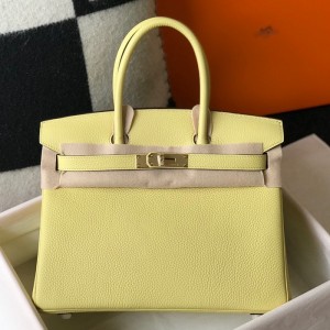 Hermes Birkin 25cm Bag in Jaune Poussin Clemence Leather with GHW