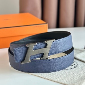 Hermes H Speed Reversible Belt 32MM in Blue Saphir Epsom Calfskin