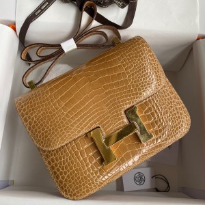 Hermes Constance 24 Handmade Bag In Beige Shiny Alligator Leather