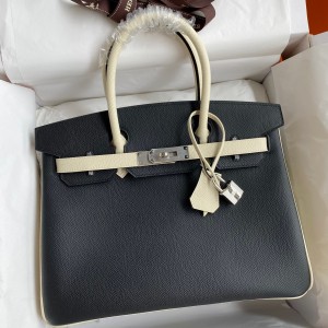 Hermes HSS Birkin 30 Bicolor Bag in Black and Craie Epsom Calfskin 