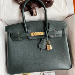 Hermes Birkin 30 Retourne Handmade Bag In Vert Cypres Chevre Mysore Leather 