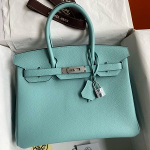 Hermes Birkin 30 Retourne Handmade Bag In Blue Atoll Clemence Leather 