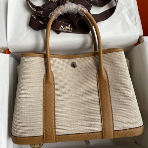Hermes Garden Party 30 Handmade Bag in Toile and Biscuit Leather