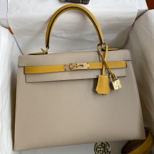 Hermes HSS Kelly Sellier 32 Bicolor Bag in Trench and Yellow Epsom Calfskin