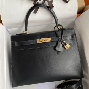 Hermes Kelly Sellier 32cm Handmade Bag In Black Box Calfskin 