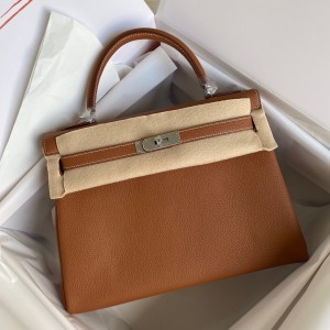 Hermes Kelly Retourne 32cm Handmade Bag In Gold Clemence Leather