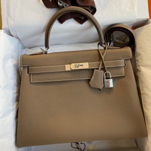 Hermes Kelly Retourne 32cm Handmade Bag In Taupe Clemence Leather