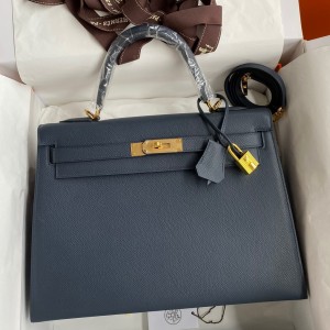 Hermes Kelly Sellier 32cm Handmade Bag In Blue Indigo Epsom Calfskin