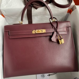 Hermes Kelly Sellier 35 Handmade Bag In Bordeaux Box Calfskin 