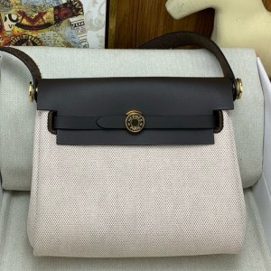 Hermes Herbag Zip 20 Bag in Canvas and Ebene Hunter Calfskin
