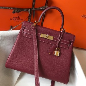 Hermes Kelly 28cm Retourne Bag in Bordeaux Clemence Leather with GHW