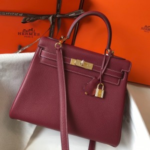Hermes Kelly 28cm Retourne Bag in Bordeaux Clemence Leather with GHW