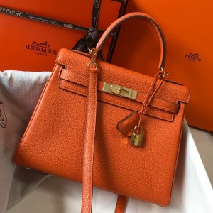 Hermes Kelly 28cm Retourne Bag in Orange Clemence Leather with GHW