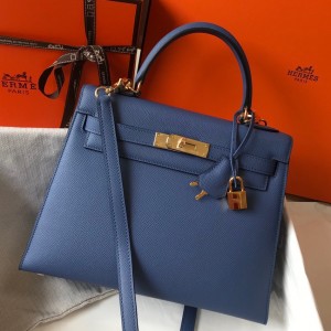 Hermes Kelly 28cm Sellier Bag in Blue Agate Epsom Leather with GHW