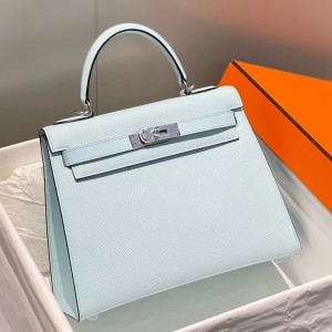Hermes Kelly 28cm Sellier Bag in Blue Brume Epsom Leather with PHW