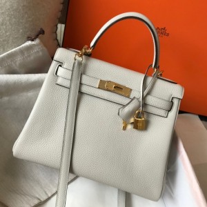 Hermes Kelly 32cm Retourne Bag in Pearl Grey Clemence Leather with GHW
