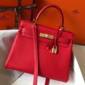 Hermes Kelly 32cm Retourne Bag in Red Clemence Leather with GHW