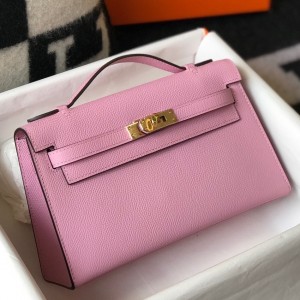 Hermes Kelly Pochette Clutch In Mauve Sylvestre Epsom Leather