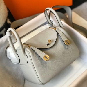 Hermes Lindy Mini Bag in Pearl Grey Clemence Leather with GHW