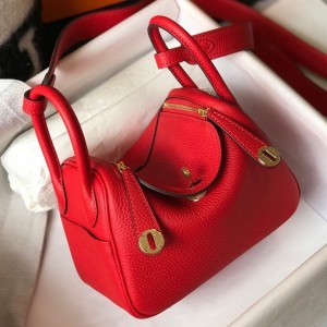 Hermes Lindy Mini Bag in Red Clemence Leather with GHW