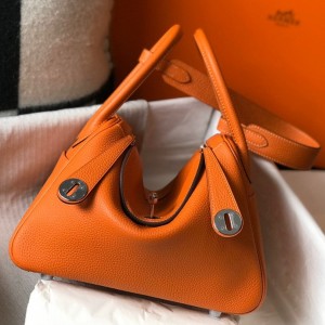 Hermes Lindy 26cm Bag in Orange Clemence Leather with PHW