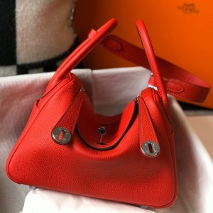 Hermes Lindy 26cm Bag in Red Clemence Leather with PHW