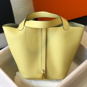 Hermes Picotin Lock 12 Bag in Jaune Poussin Clemence Leather with GHW
