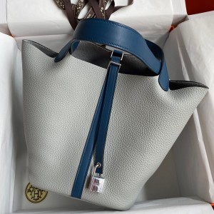 Hermes Picotin Lock 22 Bicolor Handmade Bag in Gris Mouette and Blue Agate Swift Leather