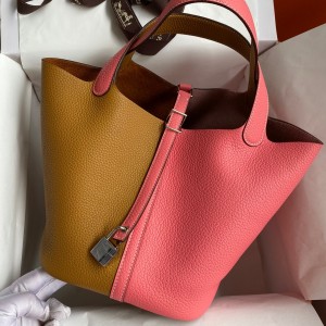 Hermes Picotin Lock 22 Bicolor Handmade Bag in Sesame and Rose Azalee Clemence Leather