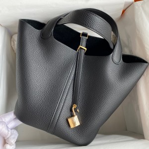 Hermes Picotin Lock 22 Handmade Bag in Black Clemence Leather