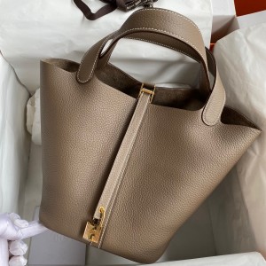 Hermes Picotin Lock 22 Handmade Bag in Taupe Clemence Leather